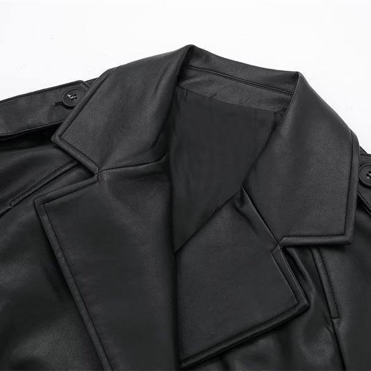 Trench in PU stile americano alla moda autunno nuovo bottone decorazione giacca alla moda tinta unita allentato da donna_voghion.com