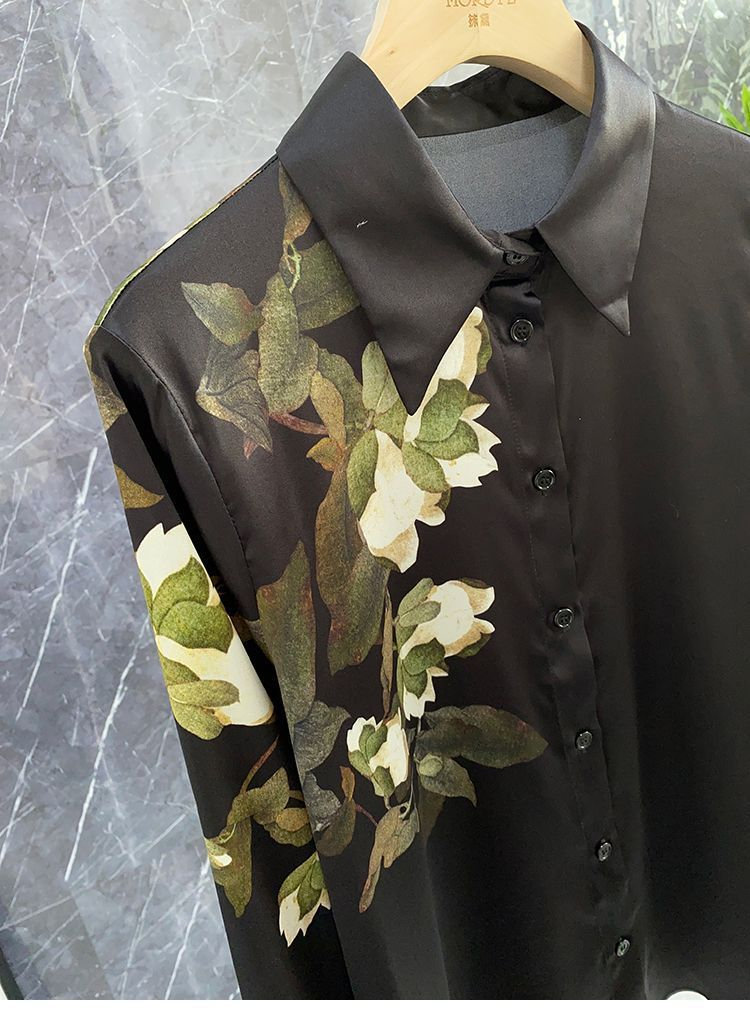Camicia a maniche lunghe in finta seta stampata nera in stile cinese retrò da donna_voghion.com