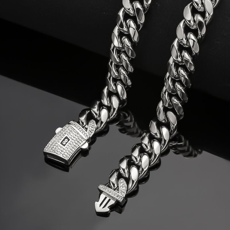 Joyería para hombre, collar de cadena cubana de acero inoxidable con hebilla de resorte de circonita de Miami, collar para hombre, pulsera, joyería popular_voghion.com