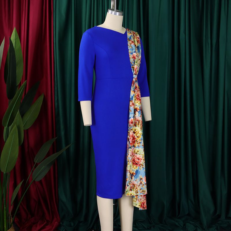 Knopf Krawatte Bedruckt D539 Plus Size Damenmode 2024 Elegantes OL Bleistiftkleid Bodycon Patchwork Atmungsaktives Kleidungskleid_voghion.com