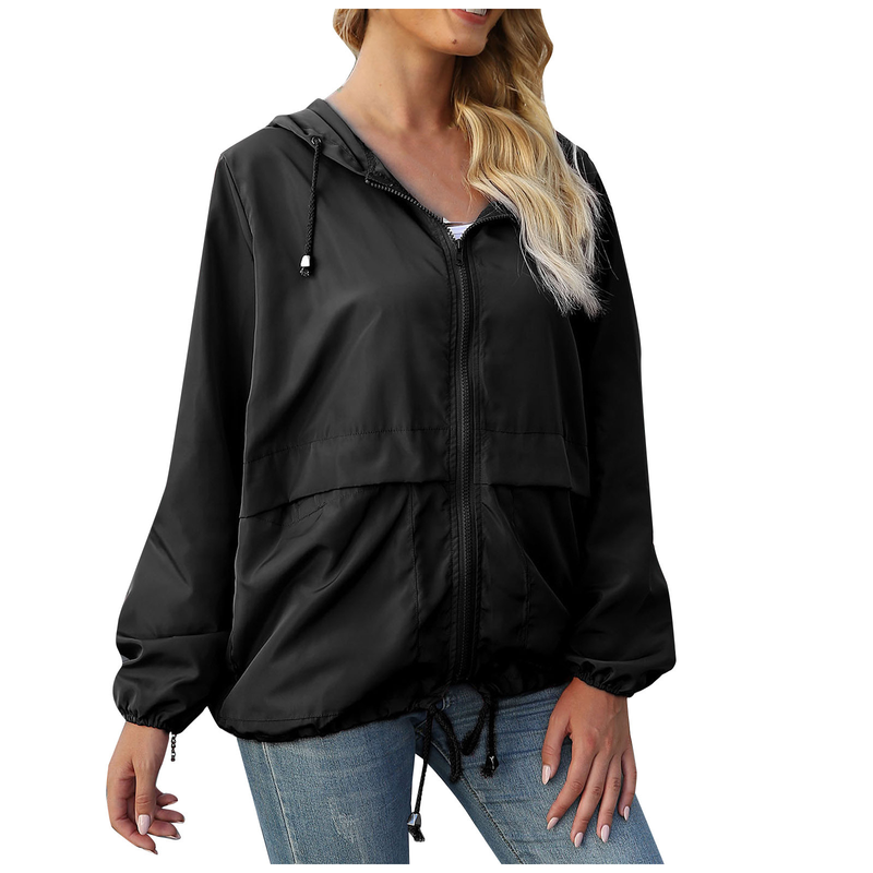 Mode damer i enfärgade långärmad vindjacka utomhusjackor Regnjacka med huva vindtät kappa Ytterkläder_voghion.com