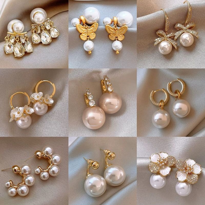 Orecchini a forma di fiore con perle d'acqua dolce, placcati in oro vero, in argento e con ago, alla moda e di alta qualità, luce francese di lusso_voghion.com