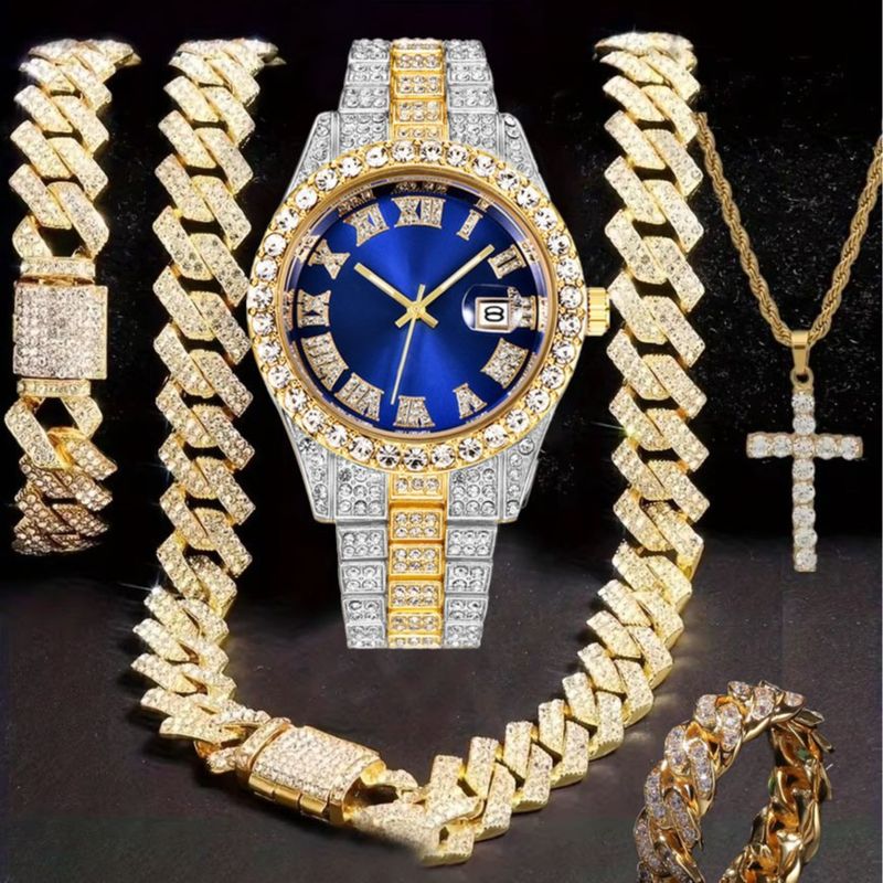 Orologio Hip Hop tempestato di diamanti, composto da cinque pezzi, con collana a croce a forma di diamante e anello cubano._voghion.com