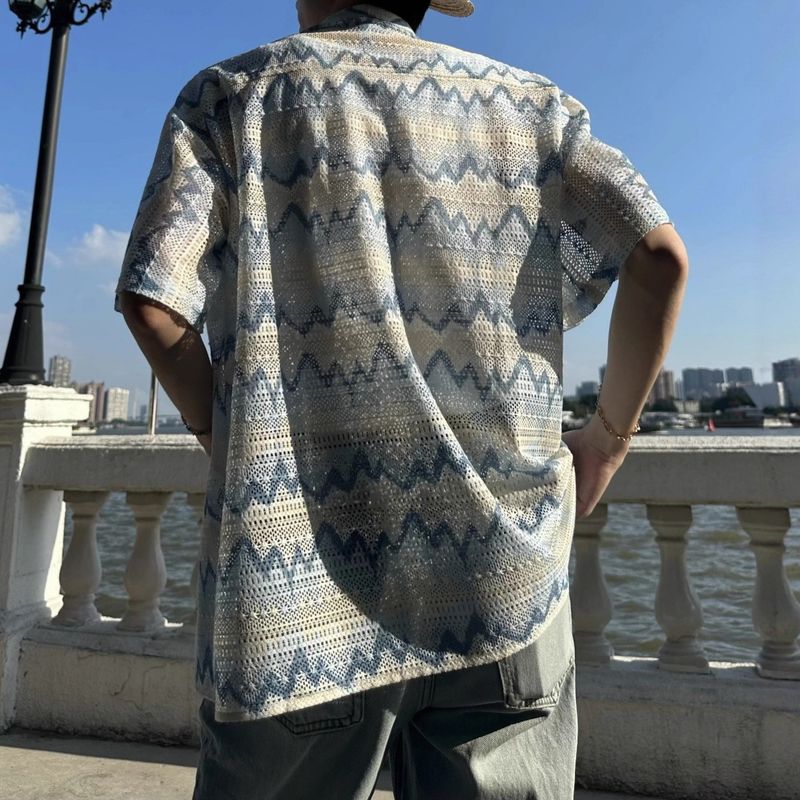 Camicia da uomo a maniche corte in stile hawaiano per le vacanze - Tessuto traspirante simile al lino, vestibilità comoda e casual, ideale per la spiaggia e l'estate_voghion.com