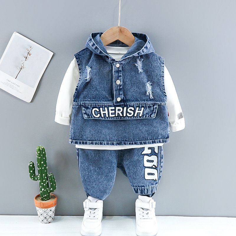 Haine pentru bebeluși, primăvară, toamnă, costum rupt, jachetă din denim, vestă cu glugă, cămașă + pantaloni, set 3 piese_voghion.com