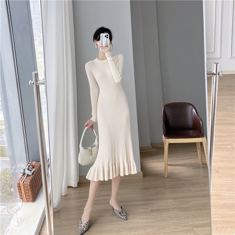Abito in maglia a coda di pesce K da donna sopra il ginocchio, lunghezza midi, strato base aderente invernale con cappotto._voghion.com