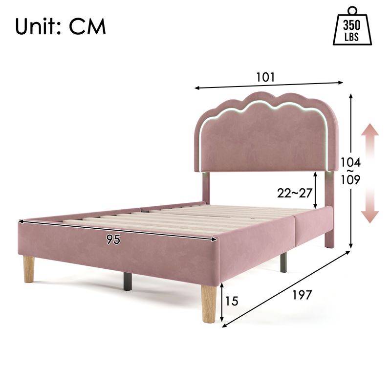 Cadre de lit simple en velours rose 90 x 190 cm avec éclairage LED, tête de lit et sommier à lattes réglables, lit enfant rembourré pour chambre ou chambre d'amis_voghion.com