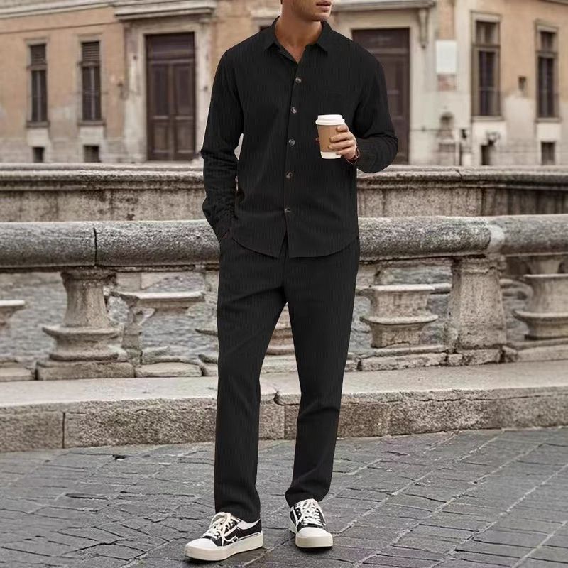 Camicia a maniche lunghe in velluto a coste autunnale per uomo, un set completo di camicia sportiva casual con pettorina._voghion.com