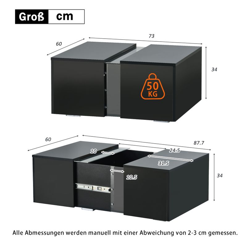 Haute luminosité Couchtisch Mit Fernbedienung 16 Farben LED Lichter, Versenkbares Fach, LED Sofa Ablagetisch Für Wohnzimmer, 73*60*34cm Hochglanz Schwarz_voghion.com