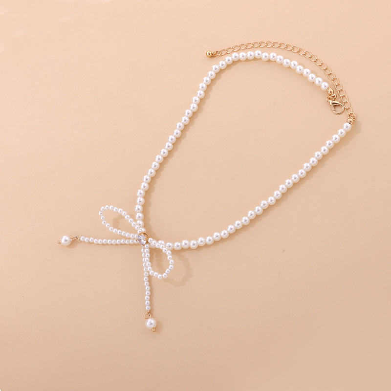 Jewelry Fashion Trend Full Pearl Tassel Elegant Necklace Diamond-Studded Bowknot Super Fairy Collarbone Chain_voghion.com