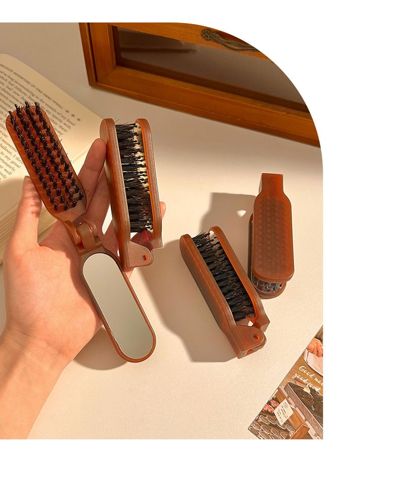 Folding Boar Bristle Comb With Mirror Integrated Portable Travel Massage Comb Women's Bangs Fluffy Hair Comb_voghion.com