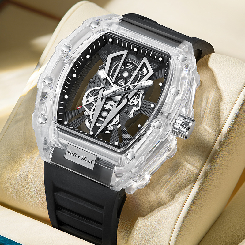 Nuovo orologio al quarzo luminoso da uomo con scheletro trasparente a forma di barile del marchio Kingston_voghion.com
