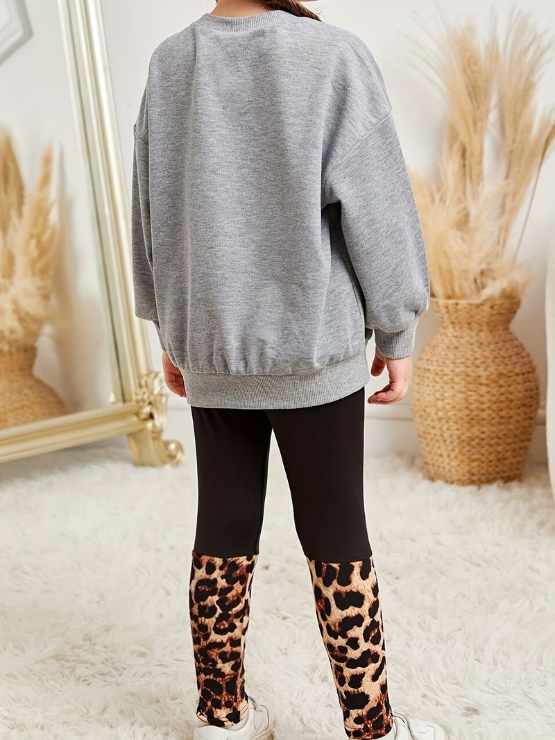 Kinderkleidung für Mädchen, Herbstmuster, Rundhalsausschnitt, langärmliger Pullover, enge 9-Punkt-Hose, modischer, lässiger zweiteiliger Anzug_voghion.com