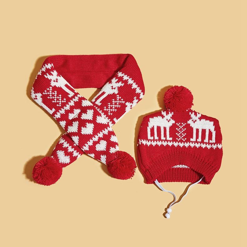 Knit Christmas pet scarf and hat two-piece fawn hairball Elastic adjustable puppy accessories_voghion.com