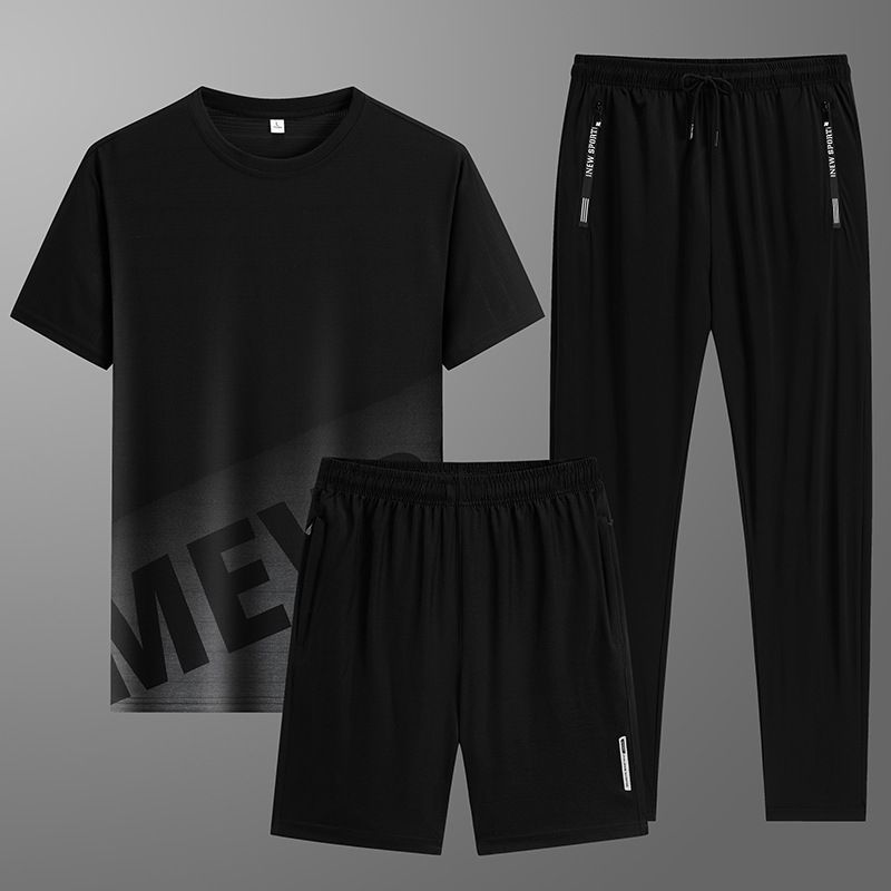 CT Summer Three-Piece Set Ice Silk Long Pants Casual Youth Sports Suit Men's Short Sleeve T-Shirt Shorts Trendy_voghion.com