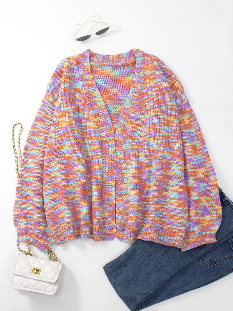 Rainbow Striped Oversized Knit Cardigan Women's Boho Chic Open Front Long Sleeve Sweater For Fall & Winter_voghion.com