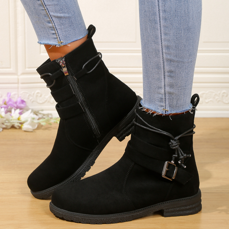 Short Booted Women's 2023 Autumn/winter New Round Head Martin Boots Side Zipper Belt Buckle Women's Boots_voghion.com
