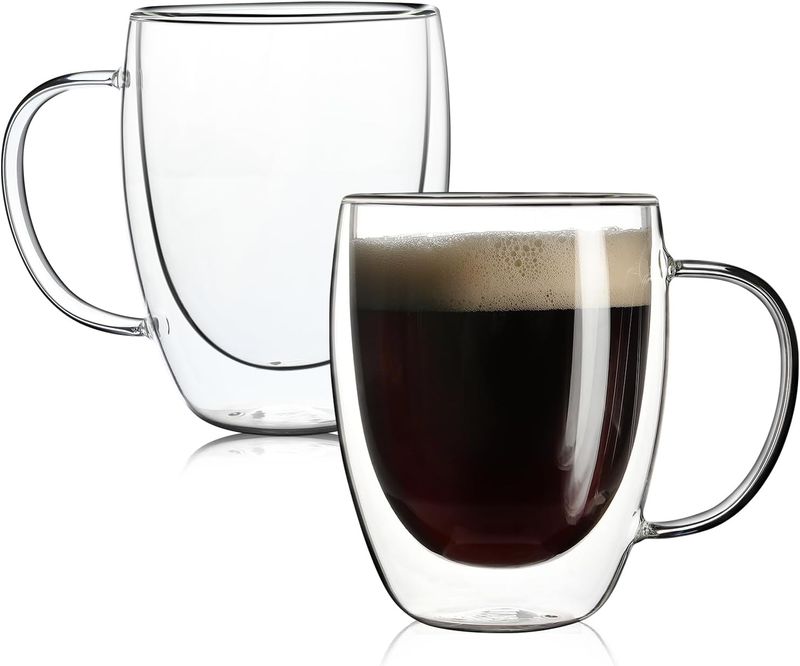 Aurzen 2 Pack Double Walled Glass Mugs With Handles, Large Insulated Layer Coffee Cups, 12oz Clear Borosilicate Mugs,_voghion.com