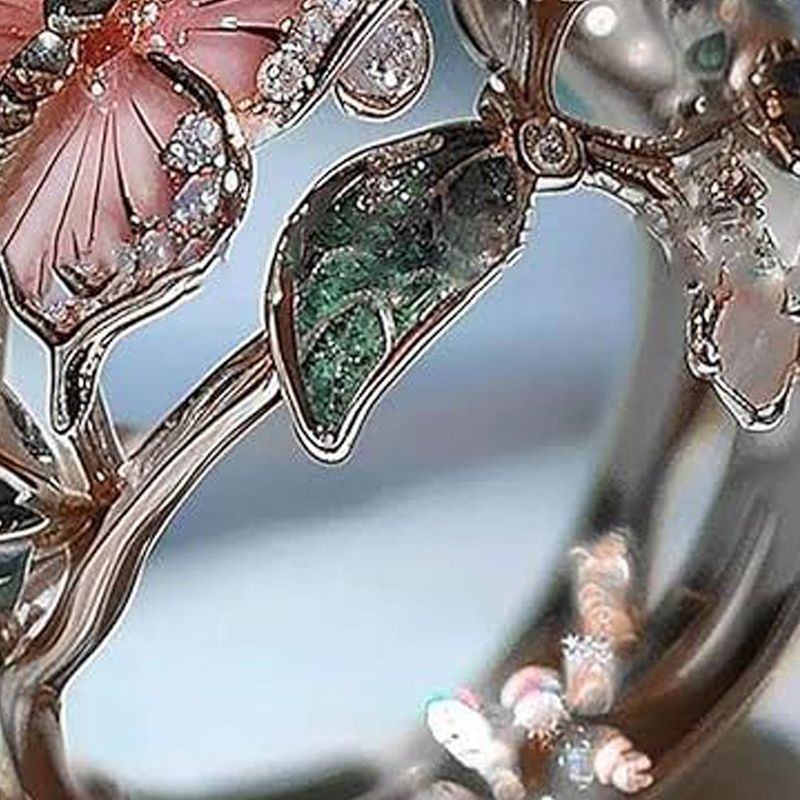 Ready Stock Damen Offen Verstellbar Rosa Vintage Mode Zarte Flash Diamant Tropfen Schmetterling Blume Ring Schmuck Geschenke Für Frau_voghion.com