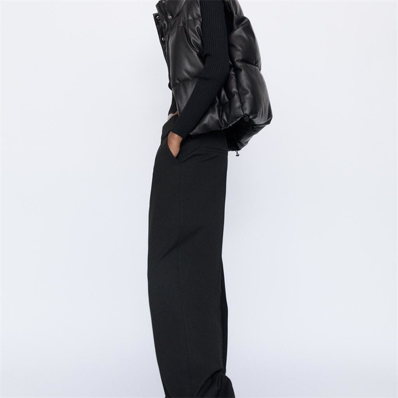 Amerikanischen Retro Frauen Schwarz Pu Puffy Weste Winter Dicke Parkas Jacke Mode Mäntel Faux Leder Unten Weste Lose Weste_voghion.com