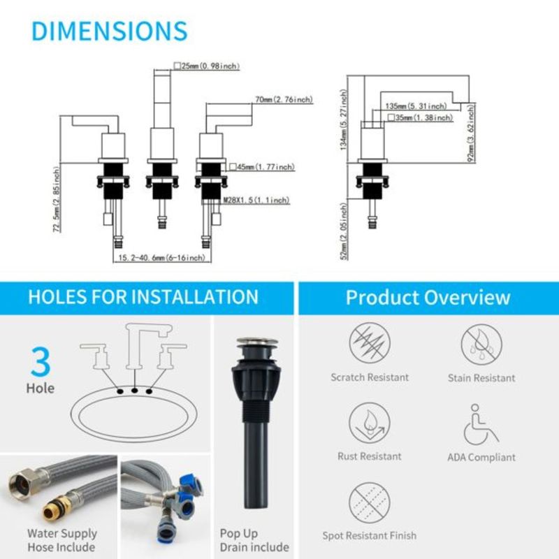 Moderno rubinetto per lavabo a cascata con 2 maniglie, finitura spazzolata, diffuso, nichelato, per bagno, con 3 rubinetti._voghion.com