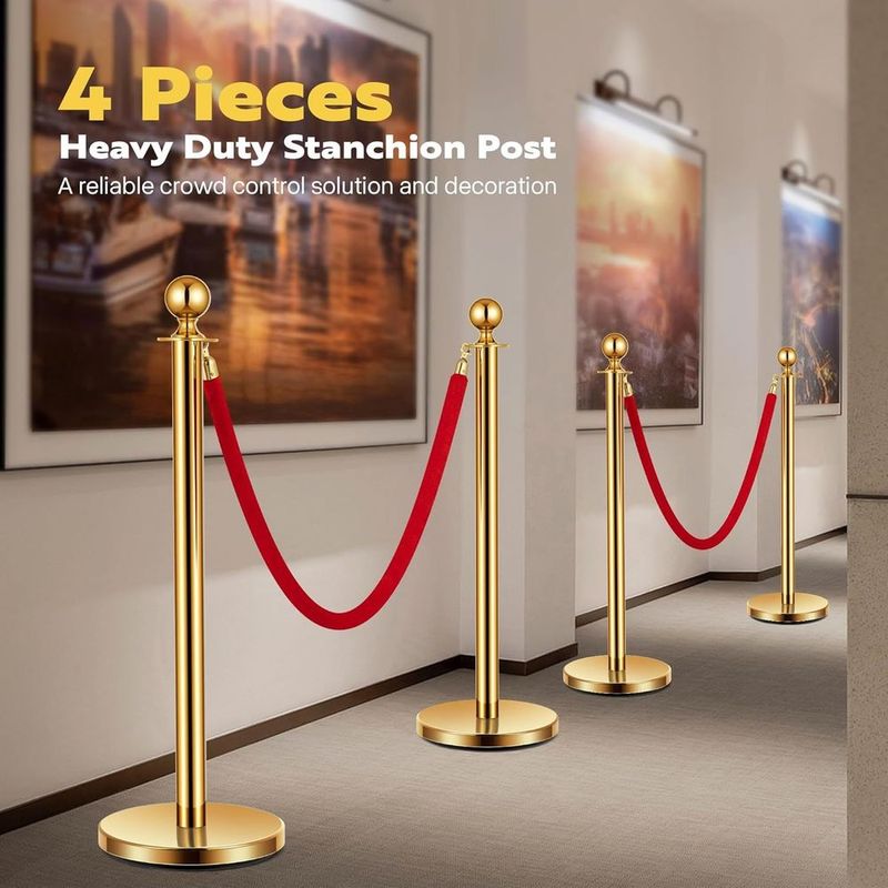 4PCS Premium Stainless Steel Stanchion Posts With 2 Red Velvet Ropes - Adjustable Crowd Control Barriers With Weighted Bases For Events, Weddings, Museums, Theaters & VIP Areas_voghion.com