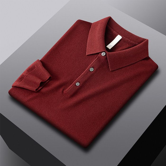 Herbst Winter Umlegekragen Warme Innenschicht Kaschmir Mode Pendler Gestricktes Poloshirt Business Casual_voghion.com