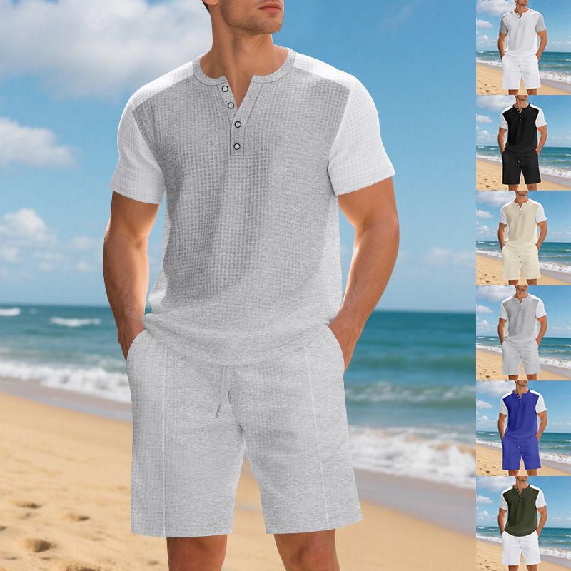 Summer Plus Size American Style Loose Waffle Beach Henley Shirt Short Sleeve Shorts Casual Set For Men_voghion.com