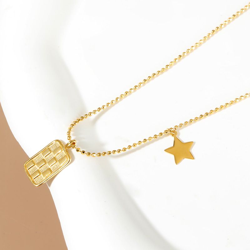 S925 sterling silver checkerboard square and star pendant necklace_voghion.com