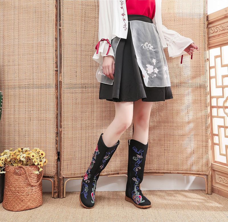 Enkelstövel i bomull, mellanhöga, platta, feta fötter, överdimensionerade tygstövlar, broderade damskor, dragkedja i sidan_voghion.com