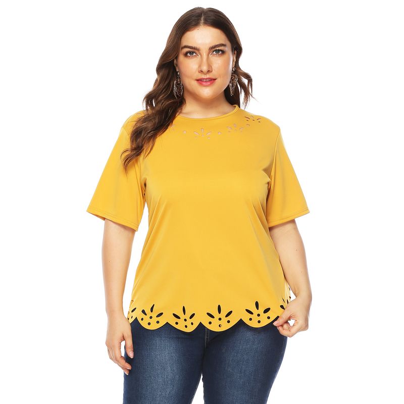 plus size women's round neck short-sleeved casual T-shirt hollow burnt flower solid color casual_voghion.com