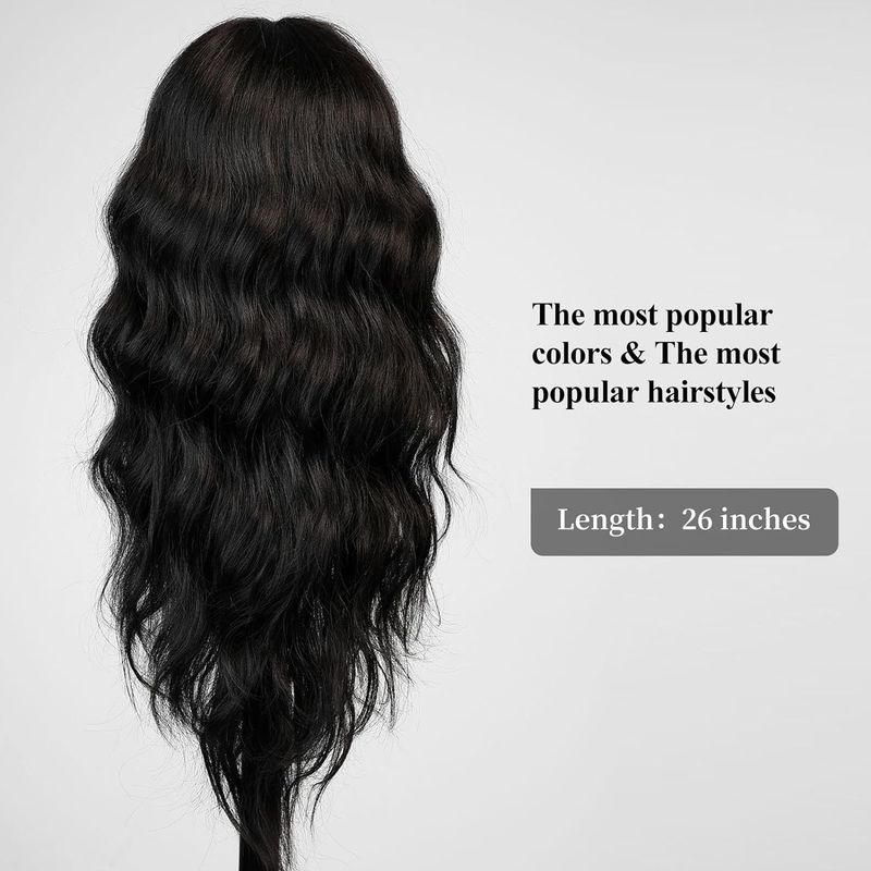 Synthetische Clip-in-Perücke für Damen, schwarzer Pony, Meerwasser-Wellen, langes lockiges Haar, Hochtemperaturdraht, Kopfbedeckung_voghion.com