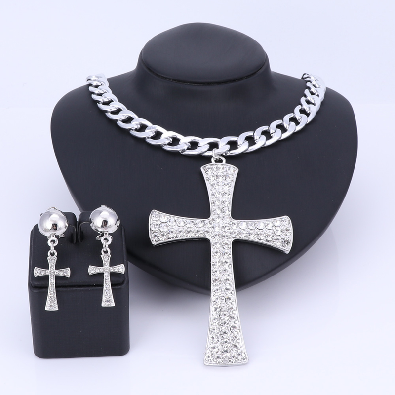 Ethiopian Cross Jewelry Set Crystal Rhinestone Necklace Earrings Africa Wedding Gifts Jewellery_voghion.com