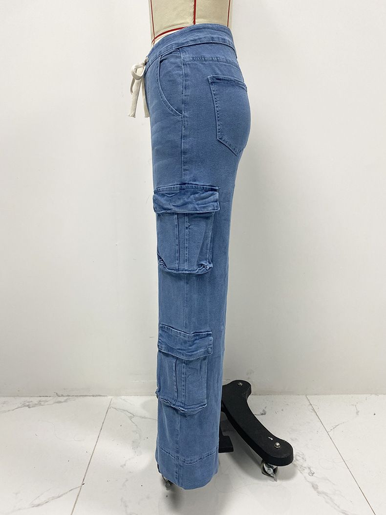 Roupas femininas primavera novo macacão lavado de rua feminino multi bolso perna larga renda jeans_voghion.com