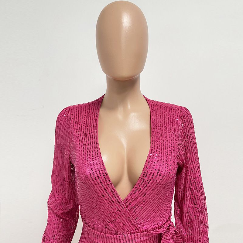 Damkläder Ins Style Deep V Mode Casual Jumpsuit Långärmat Bälte Paljett Jumpsuit Dam_voghion.com