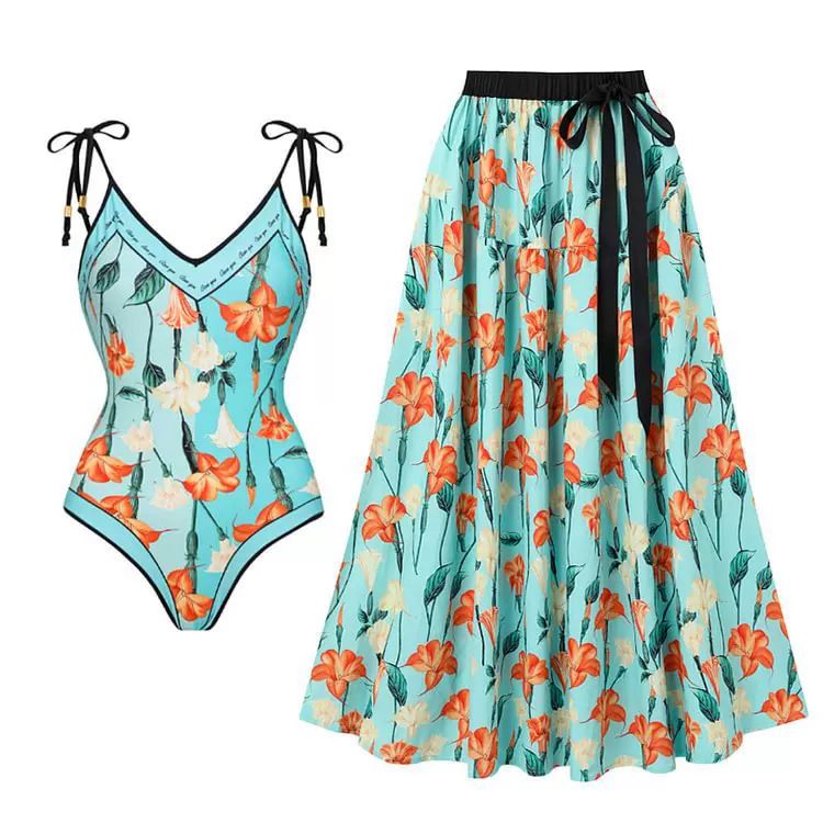 Maillot de bain mini-bikini à manches volantes et jupe parapluie pour femme, élégant, style rétro fendu, motif trompette_voghion.com
