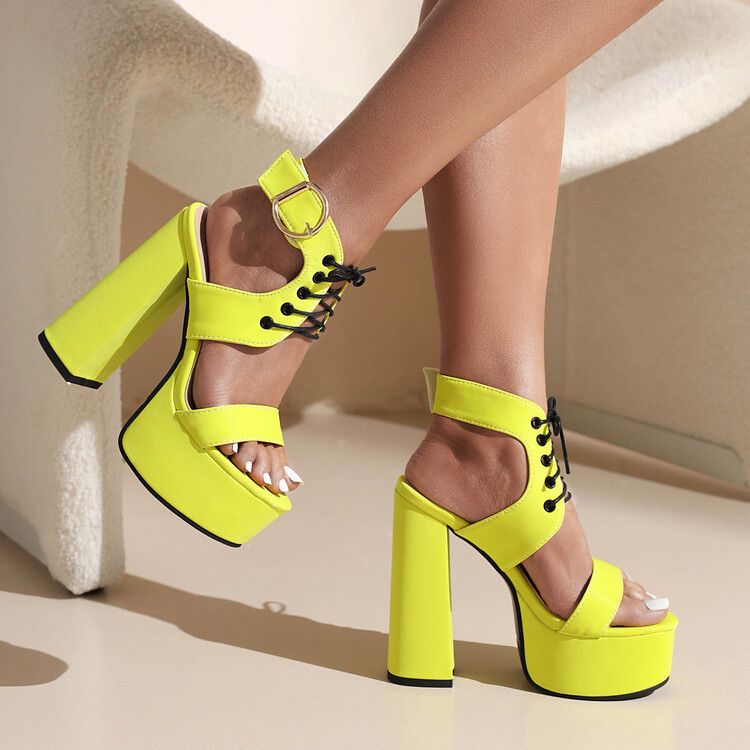 Round head open toe solid color front lace-up square buckle waterproof platform thick high heel sandals for women_voghion.com