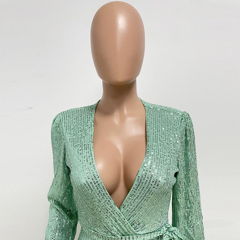 Damkläder Ins Style Deep V Mode Casual Jumpsuit Långärmat Bälte Paljett Jumpsuit Dam_voghion.com