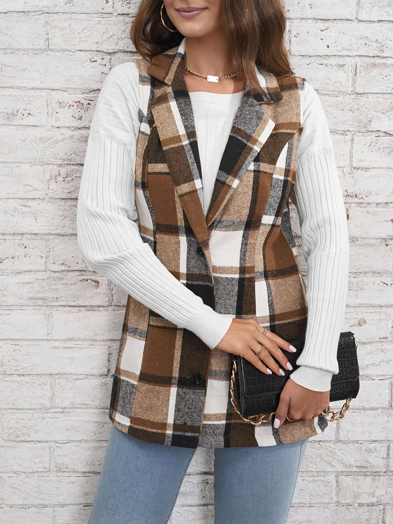 Top da donna alla moda con risvolto monopetto gilet giacca scozzese_voghion.com
