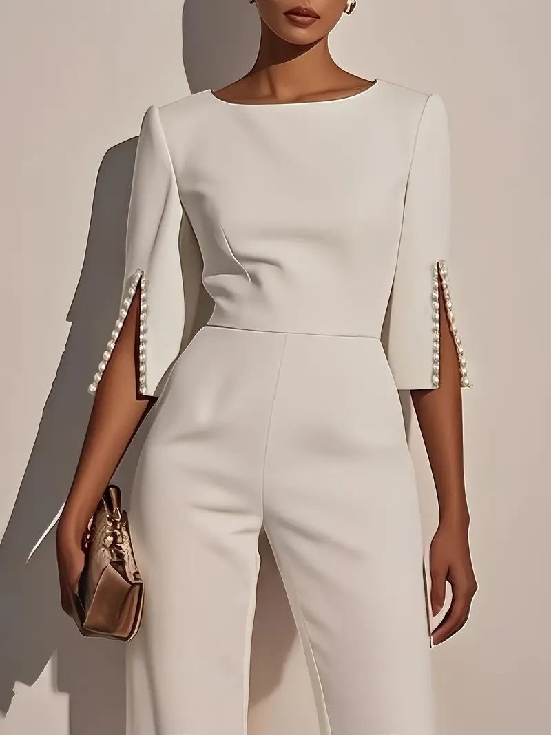 Women's Jumpsuit Casual Solid Color 3/4 Length Sleeve Straight Round Neck Beaded High Waist Daily Going Out Regular Fit Black White_voghion.com