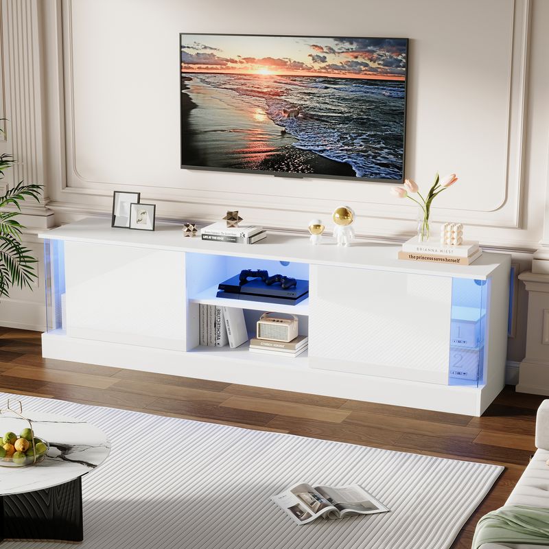 Meuble TV blanc brillant pour téléviseurs jusqu'à 70 pouces, console multimédia sur pied avec éclairage LED, centre de divertissement pour salon_voghion.com