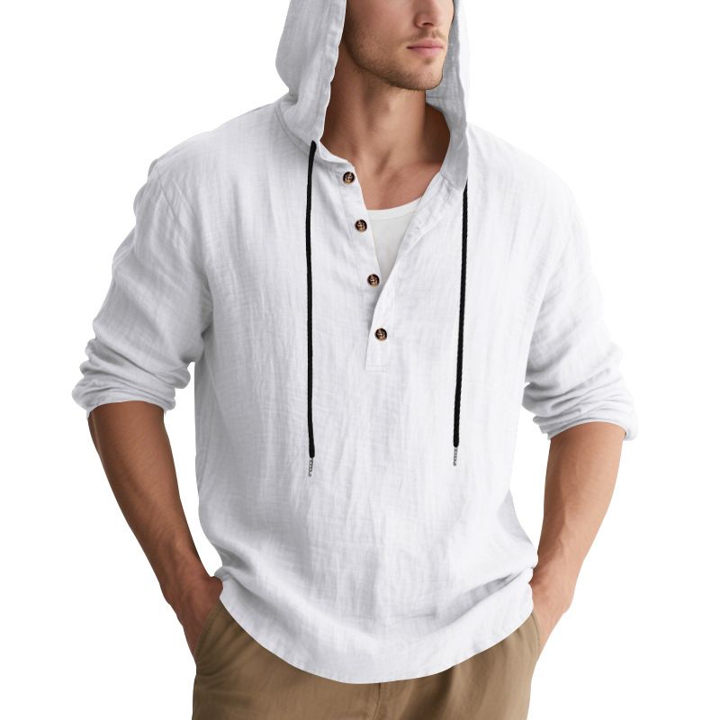 Lente en herfst lang mouwen linnen overhemd heren capuchon casual losse T-shirt trui heren_voghion.com