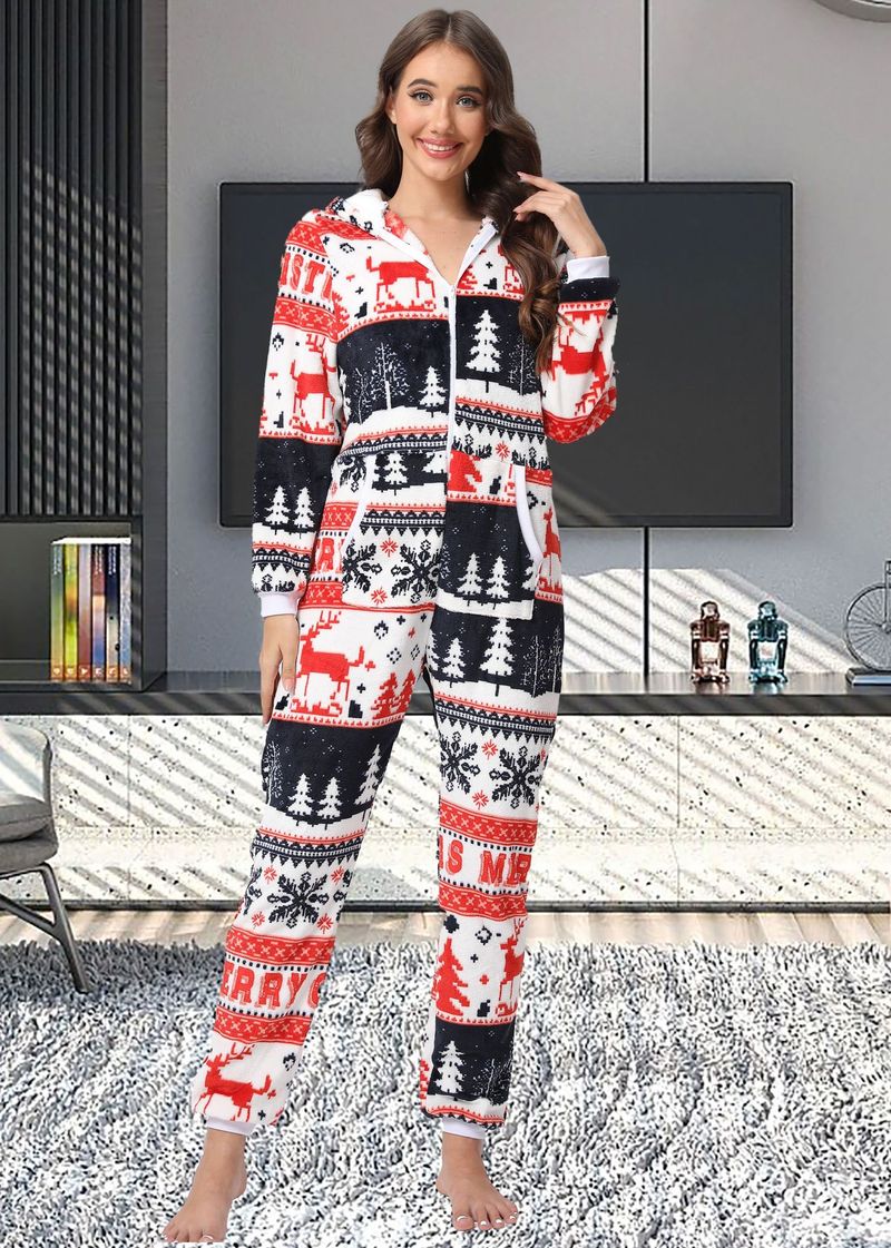 women's Christmas deer snowflake flannel hooded jumpsuit pajamas home clothes_voghion.com