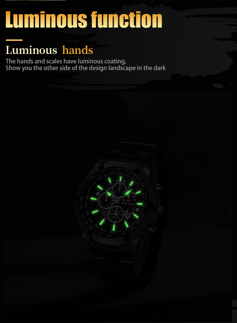 Relógio masculino com pulseira de aço, três olhos, seis pinos, calendário luminoso, esportivo, à prova d'água, relógio de quartzo_voghion.com