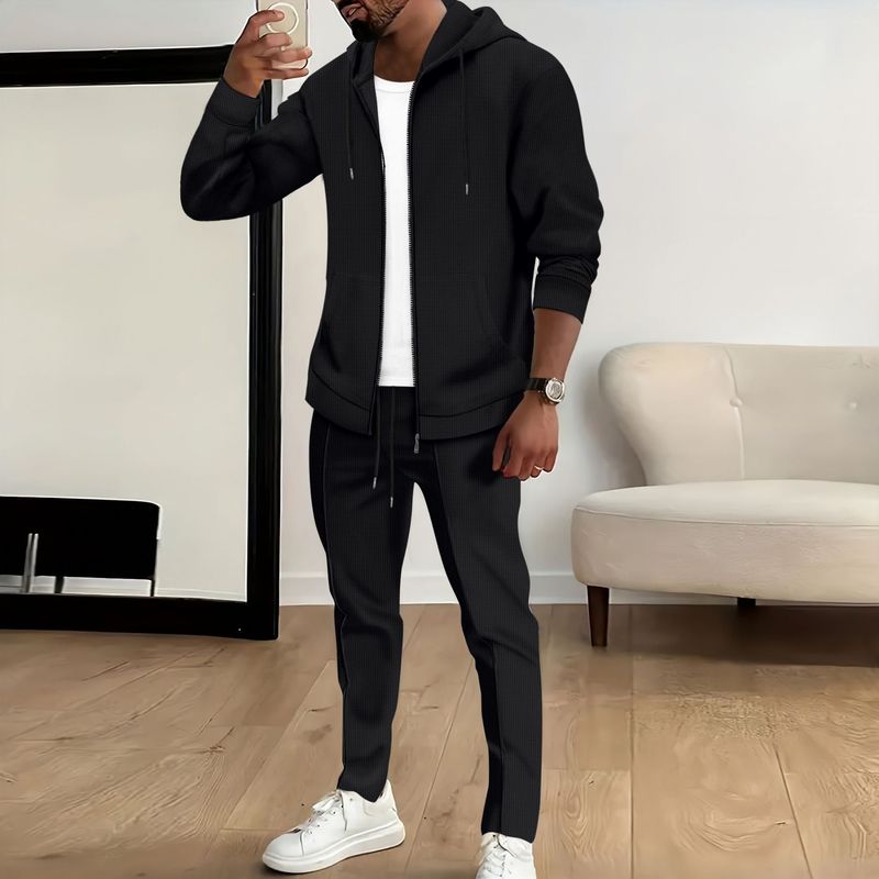 Herren Herbst Neue Waffel Kapuzentasche Strickjacke Reißverschluss Jacke Langarm Hosen Anzug_voghion.com