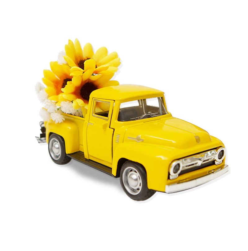 Mini camion en métal jaune décoratif avec plateau superposé en fleurs artificielles de tournesol, décoration vintage pour camion jaune_voghion.com