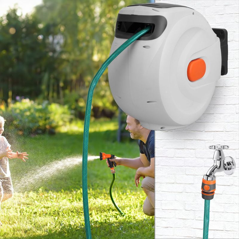 Retractable Garden Hose Reel Wall Mounted Automatic Water Hose Reel With Any Length Lock 8 Pattern Spraying Modes 180° Swivel Bracket_voghion.com