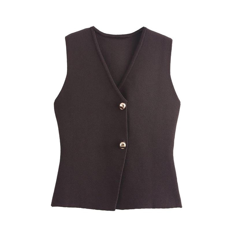 Débardeur tricoté à boutons dorés pour femme, nouvelle mode automne 2024 w063 2038_voghion.com
