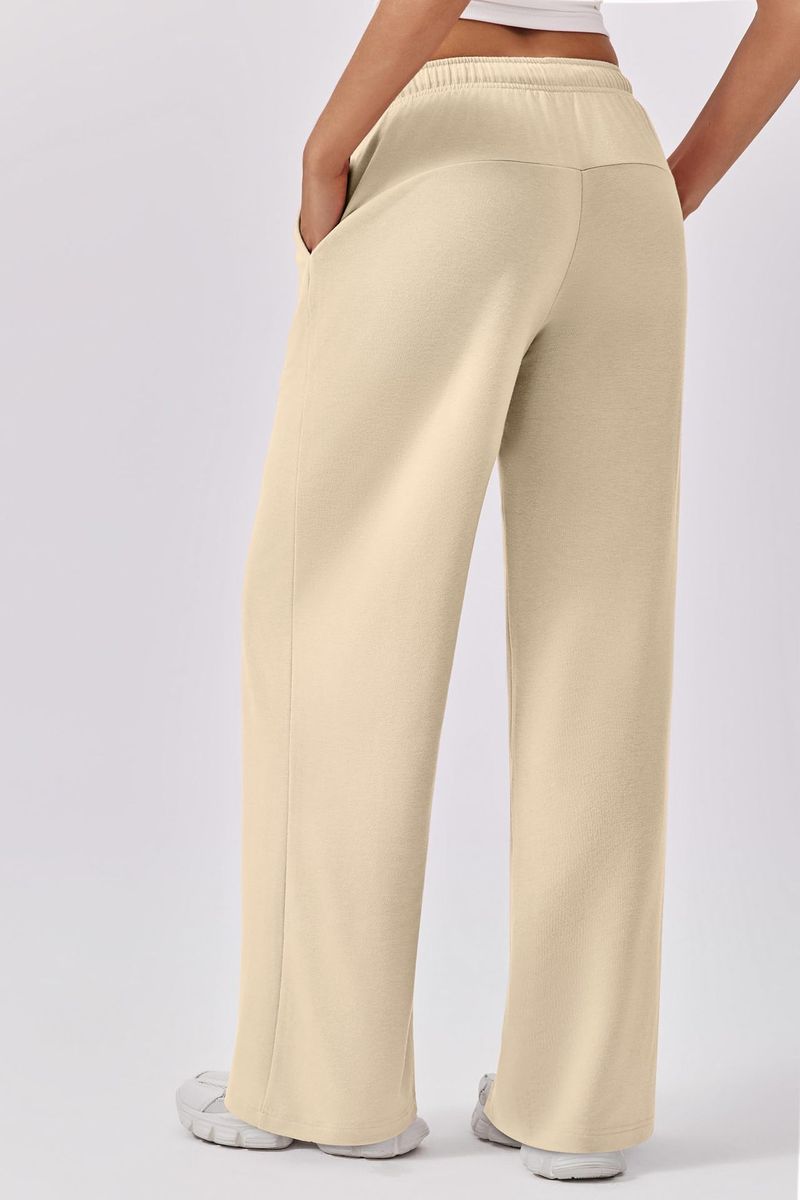 Nuovi pantaloni elastici in vita con tasche laterali, pantaloni della tuta larghi in pile spesso, taglio dritto, tinta unita, pantaloni lunghi da donna_voghion.com