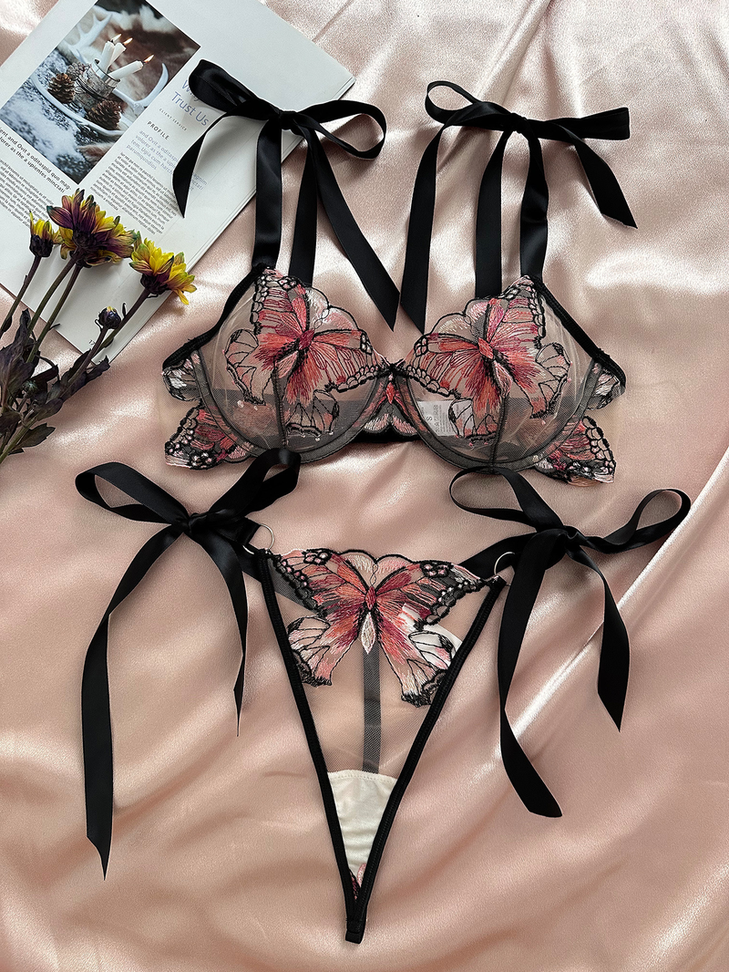 Kiano's Cross Border Foreign Trade Hot Selling New Butterfly Embroidered Suspender Transparent Mesh Temptation Girl's_voghion.com